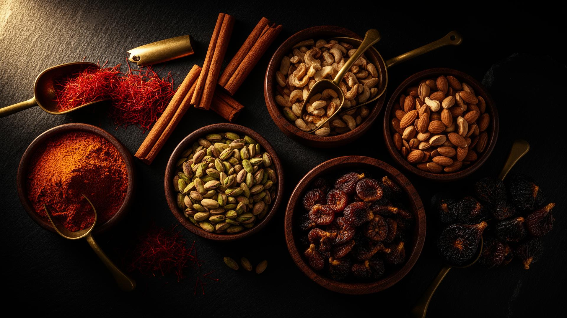 Premium spices, nuts and dried fruits in dark wooden bowls under cinematic golden light